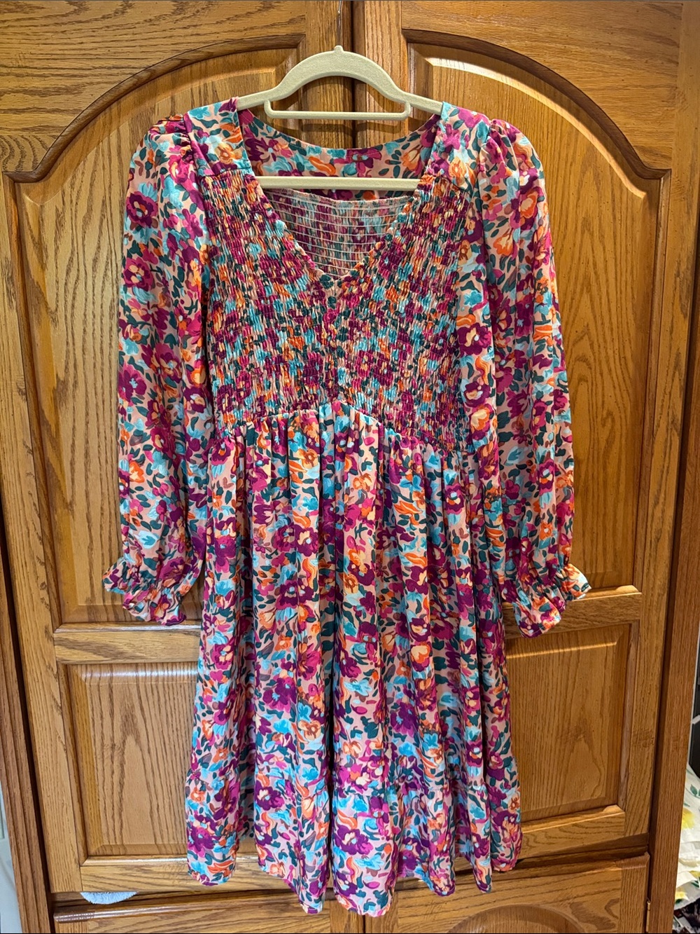 Womens Floral Smocked Long-Sleeve Dress - Pink Multi